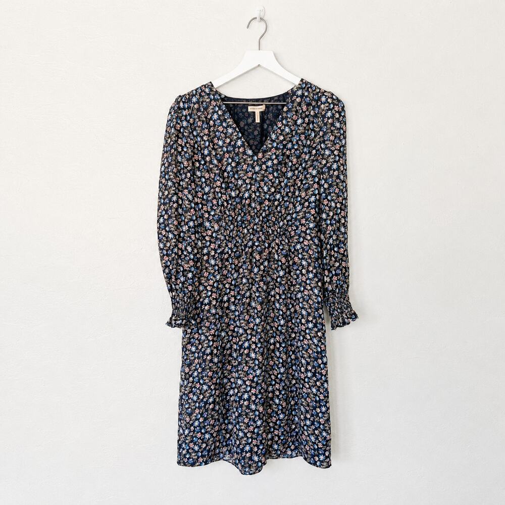 Rebecca Taylor Zelma Floral Silk V-Neck Dress Size 6 Black Long Sleeve